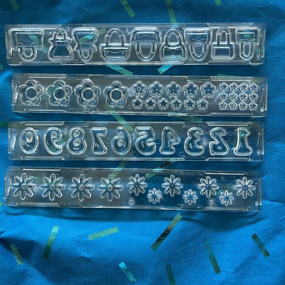 Windsor Cake Molds 4 Fondant Flowers Numbers Purses Clear Acrylic Reusable Trays - Picture 1 of 3